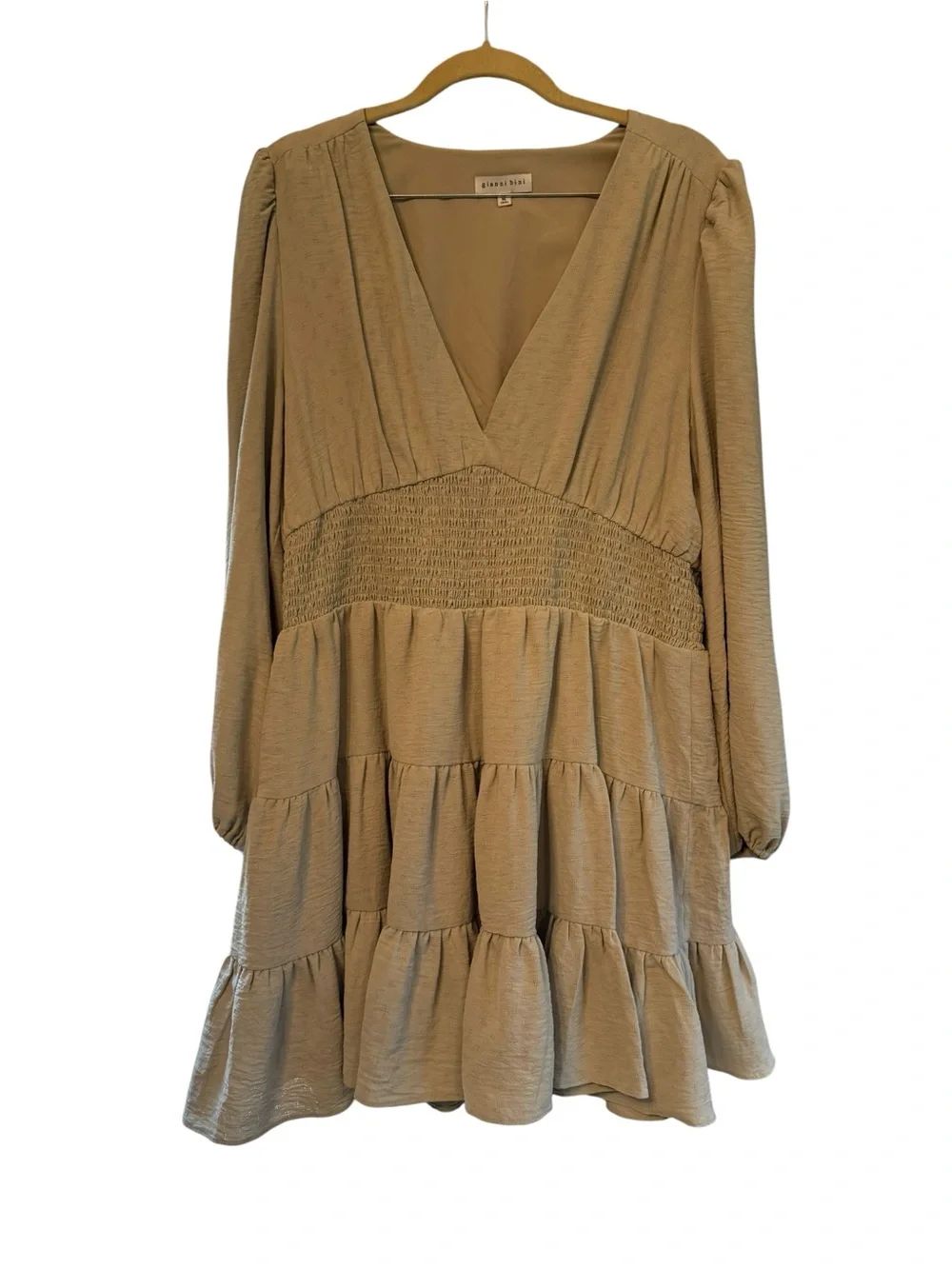 Gianni Bini Talia V-Neck Smocked Tiered Mini Dress Tan Beige XL Long Sleeve